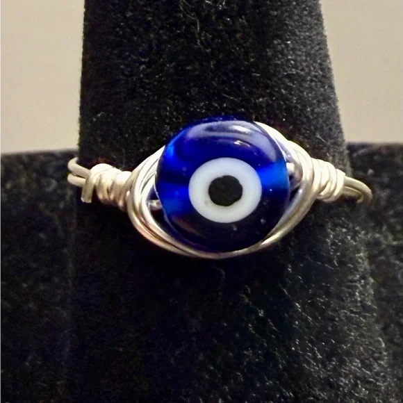 Ring - size 7 - evil eye - wire wrapped - blue & white - New! - Picture 2 of 10